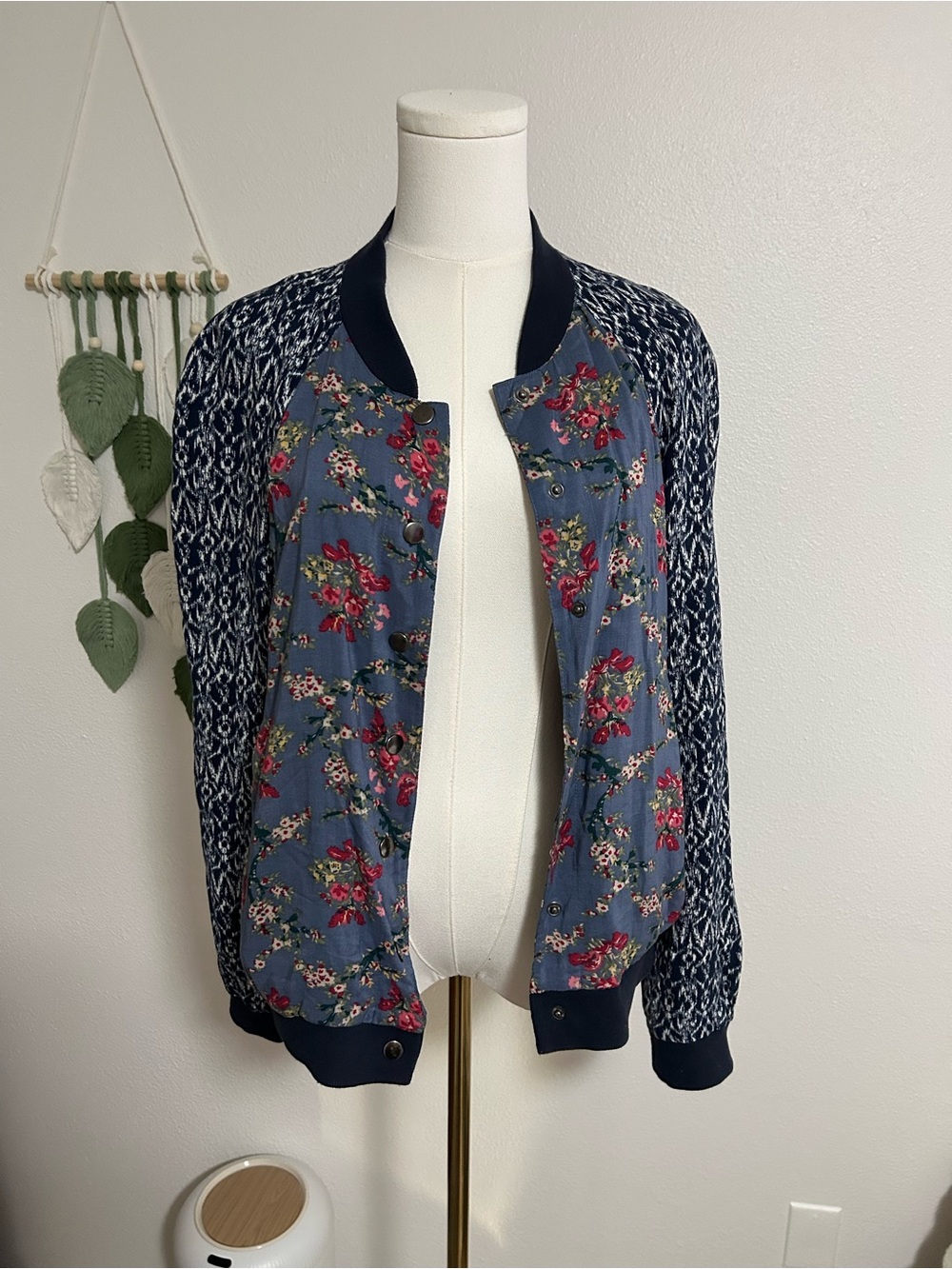 Free People Navy Floral Bomber Jacket with Pink Accents